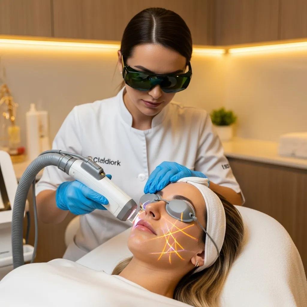 Patient receiving laser treatment for skin rejuvenation in a medical spa