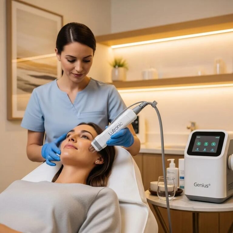 Patient receiving RF microneedling treatment in a modern aesthetic clinic, emphasizing advanced technology and a calming environment