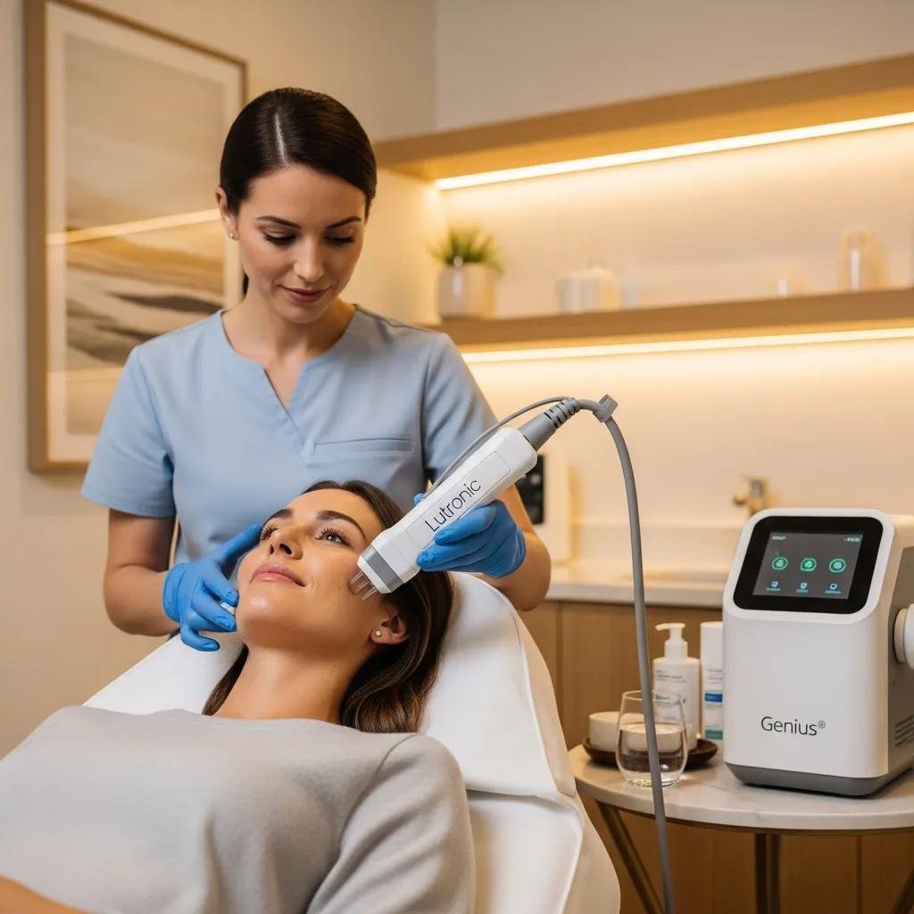 Patient receiving RF microneedling treatment in a modern aesthetic clinic, emphasizing advanced technology and a calming environment