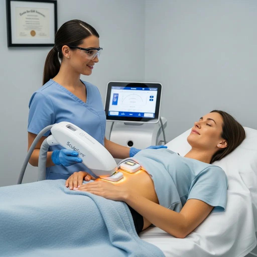 Patient receiving SculpSure body contouring treatment in a clinical setting