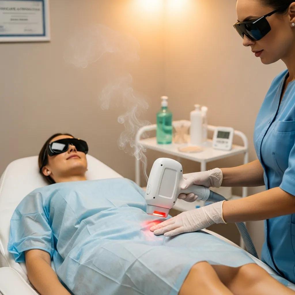Patient undergoing laser hair removal treatment in a professional med spa setting, emphasizing skin improvement and confidence