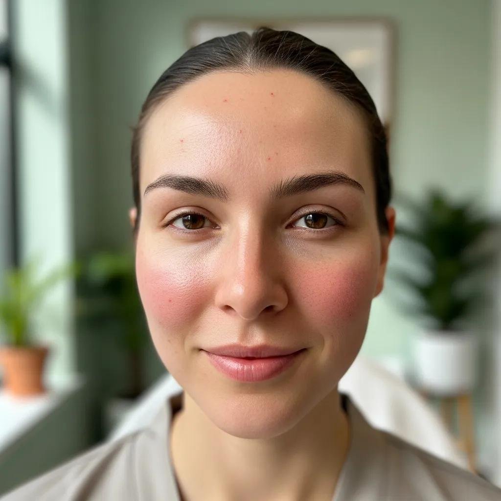 Patient with glowing skin after RF microneedling treatment, reflecting a sense of recovery and satisfaction in a soothing clinic environment