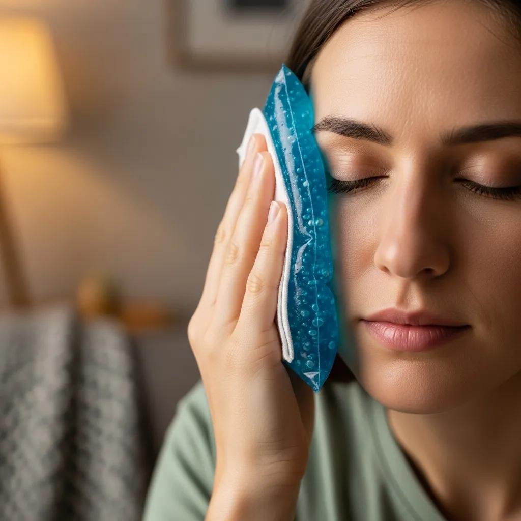 Person applying cold compress to face for post-treatment swelling management