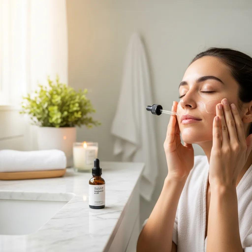 Person applying hyaluronic acid serum in a bright bathroom, demonstrating best practices for skincare application