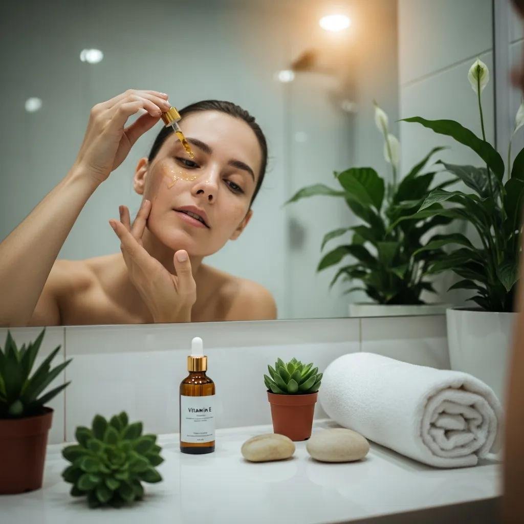 Person applying Vitamin E serum in a serene bathroom setting, illustrating the antioxidant benefits for skin health