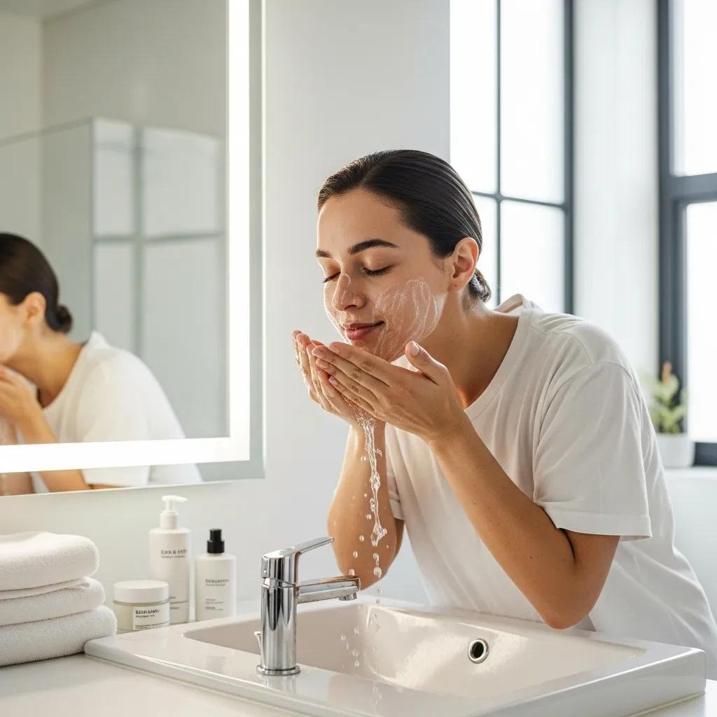 Person cleansing their face in front of a mirror with gentle skincare products
