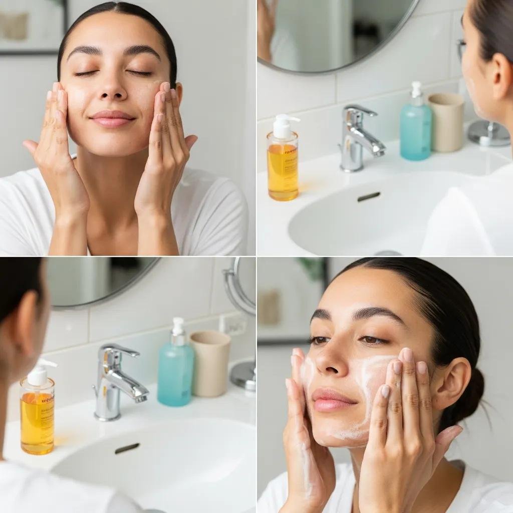 Person demonstrating double cleansing technique with oil and water-based cleansers in a bathroom