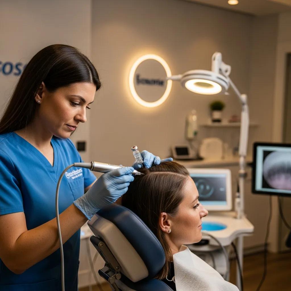Practitioner administering exosome therapy for hair restoration in a modern clinic setting