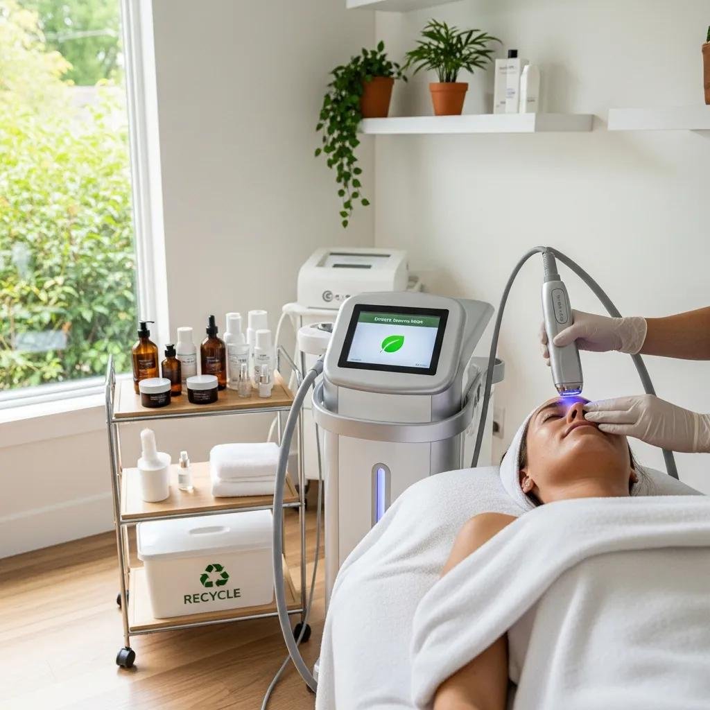 Practitioner using energy-efficient laser therapy device in a sustainable med spa