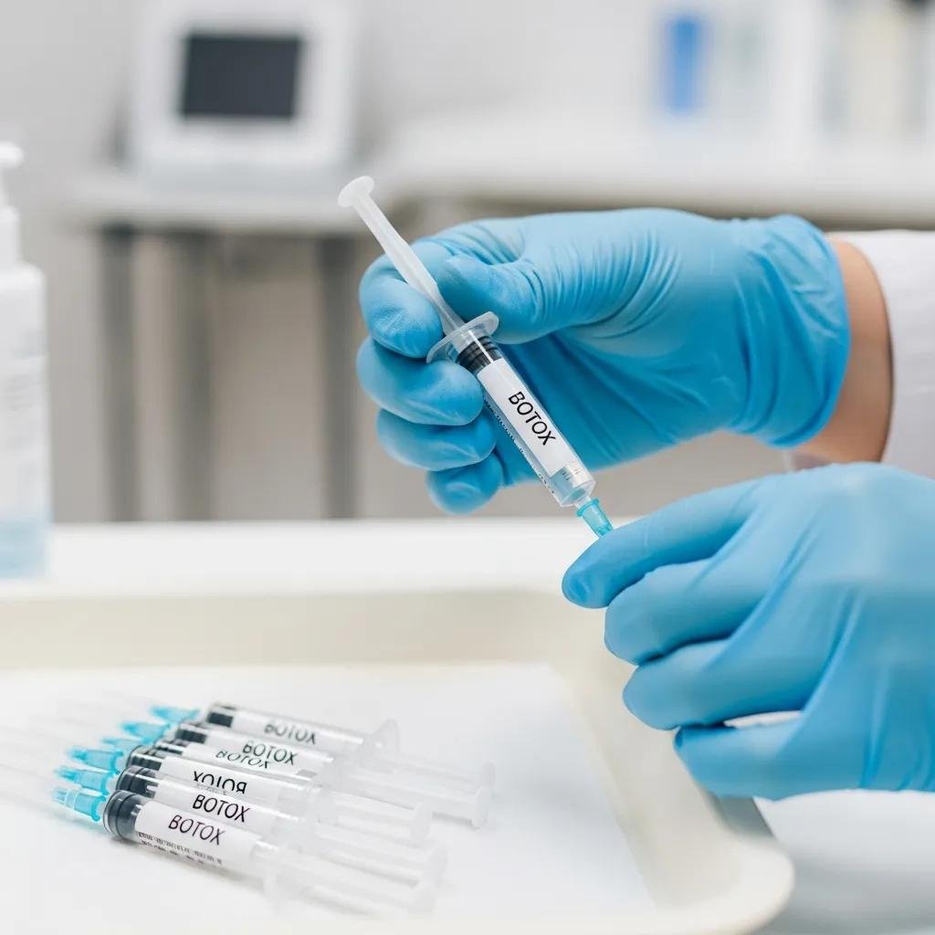 Professional aesthetician preparing Botox syringes in a clinical setting, emphasizing treatment precision