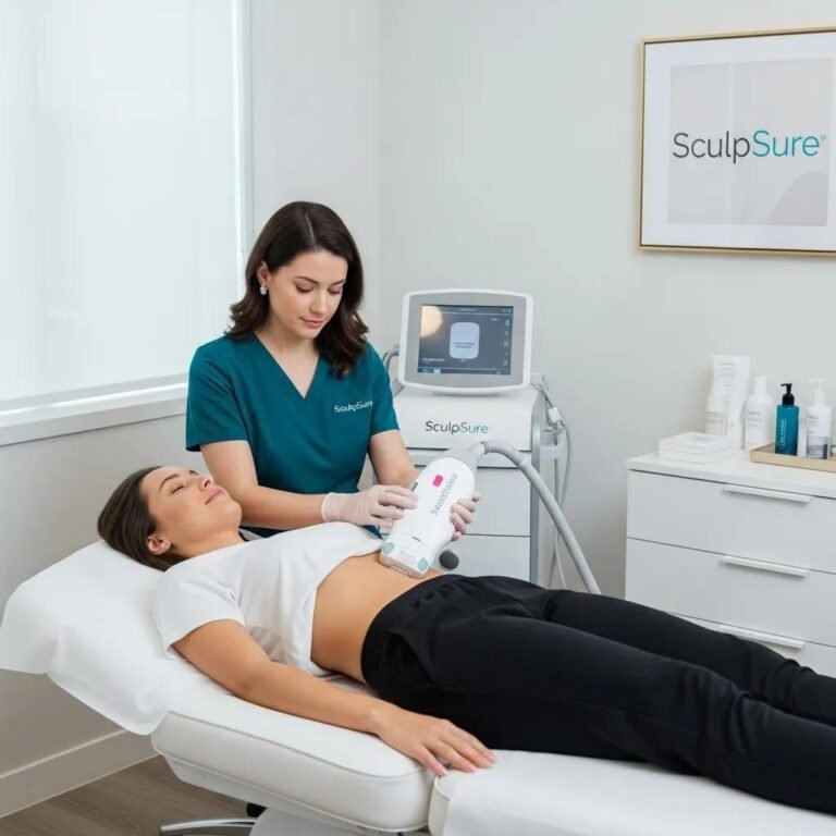 SculpSure fat removal treatment in a modern aesthetic clinic with a patient and clinician