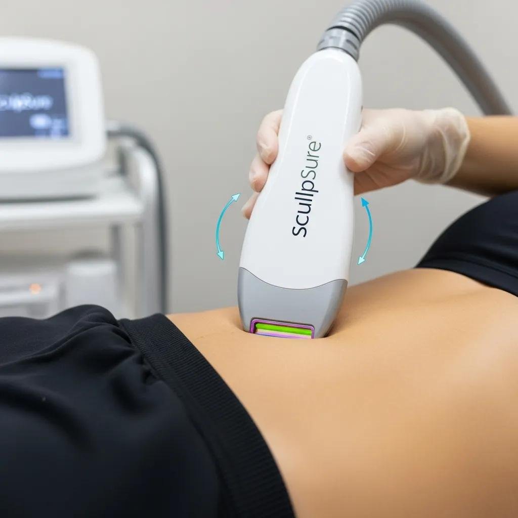 SculpSure laser applicator in action on a patient's abdomen during a fat reduction treatment