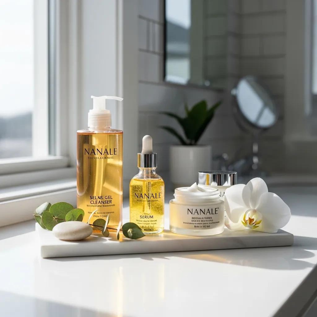 Skincare products arranged on a bathroom counter for daily routine