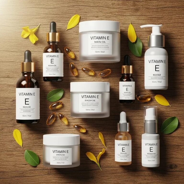 Skincare products featuring Vitamin E displayed on a wooden surface, highlighting their antioxidant benefits for skin protection