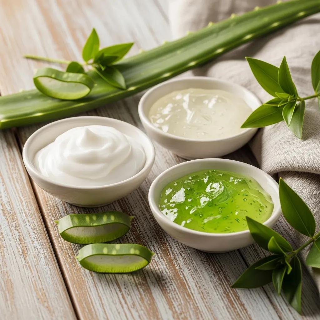 Soothing skincare ingredients including ceramides and hyaluronic acid arranged aesthetically on a wooden surface