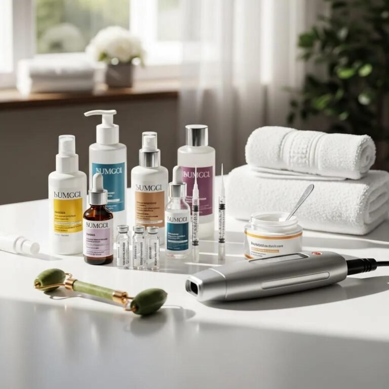 Spa environment with aesthetic treatment products emphasizing beauty maintenance