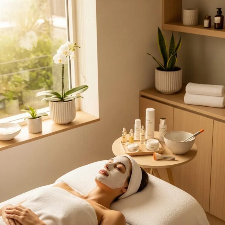 Spa treatment for post-holiday skin rejuvenation with facial products and a relaxed atmosphere