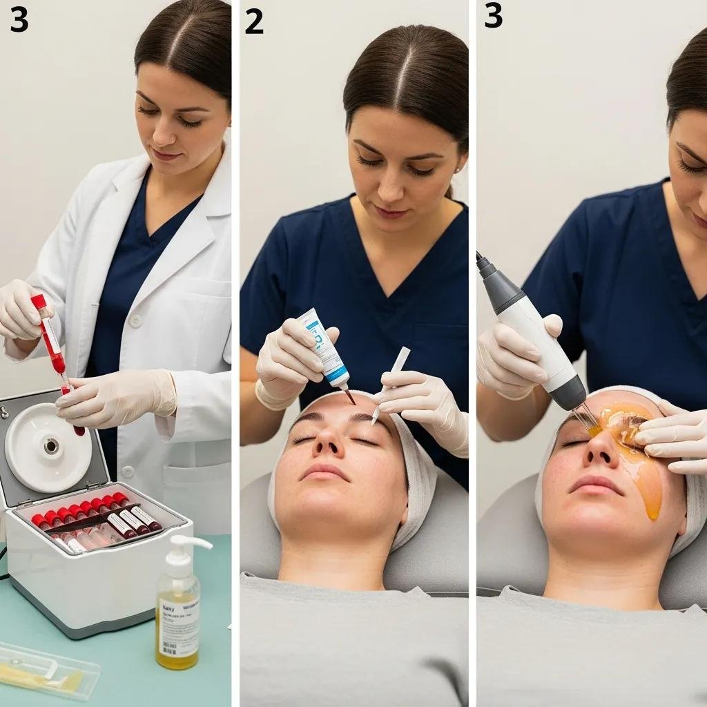 Step-by-step process of microneedling with PRP/PRF, showcasing preparation and application