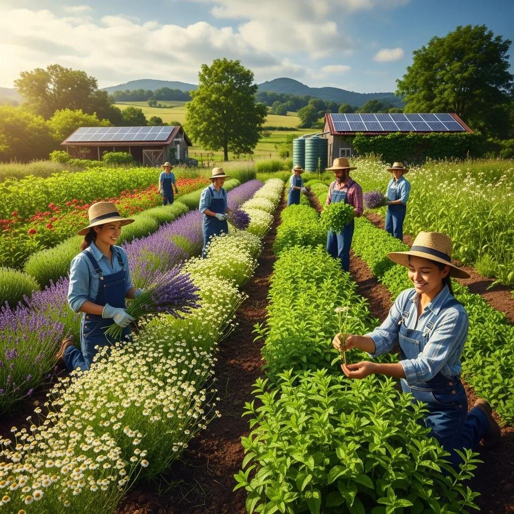 Sustainable farm showcasing the harvesting of botanical ingredients, highlighting environmental and social benefits of responsible sourcing