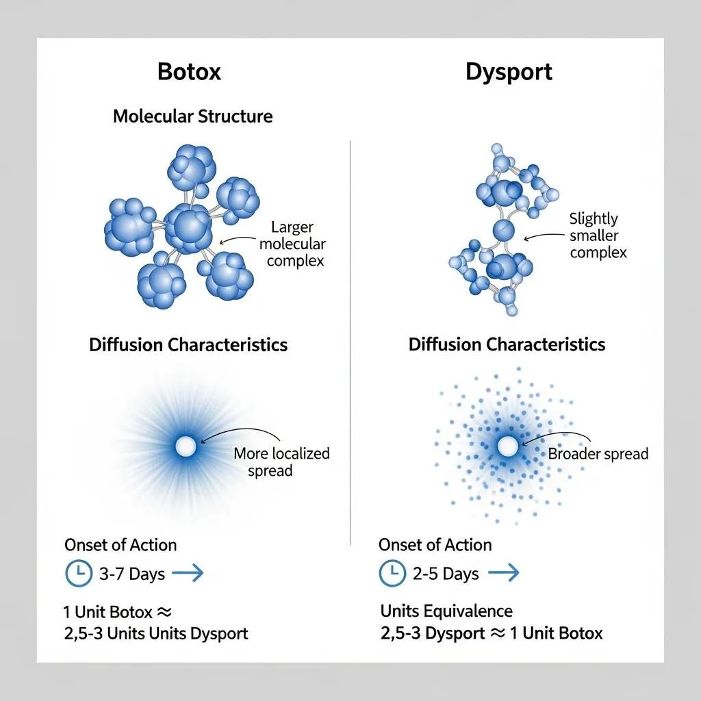 Visual comparison of Botox and Dysport highlighting key differences in molecular structure and diffusion