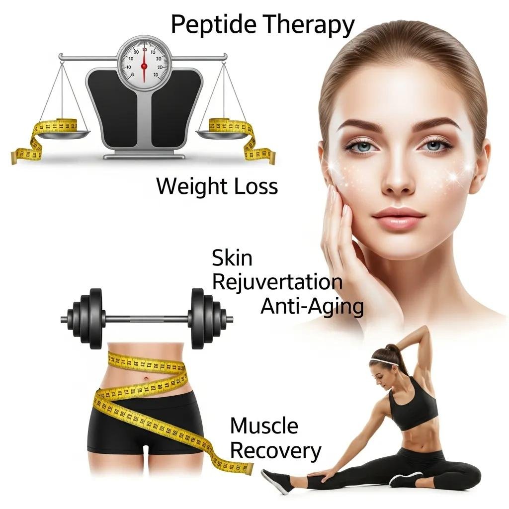 Visual representation of peptide therapy benefits including weight loss, skin rejuvenation, and muscle recovery