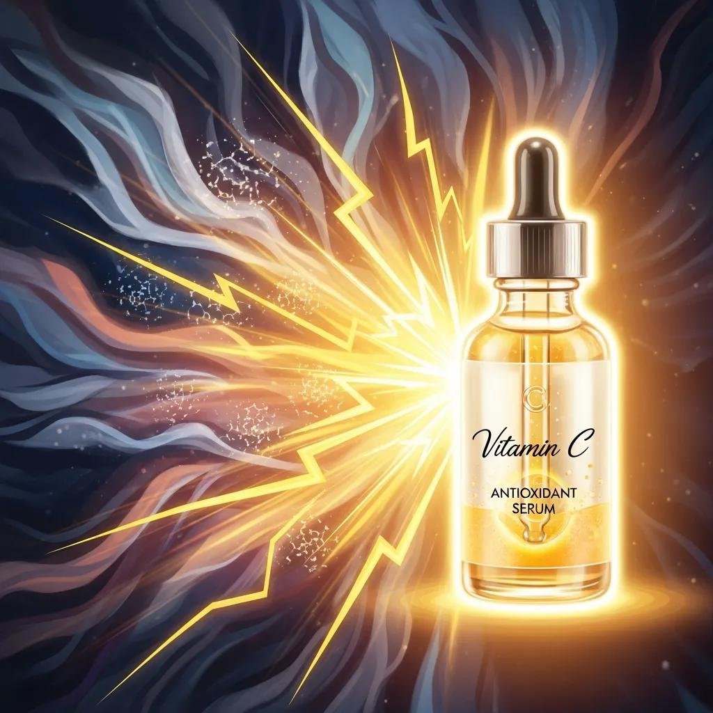 Vitamin C serum with glowing aura, symbolizing antioxidant protection against skin damage