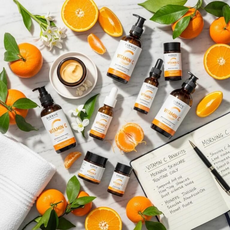 Vitamin C skincare products with fresh oranges, highlighting benefits for skin health