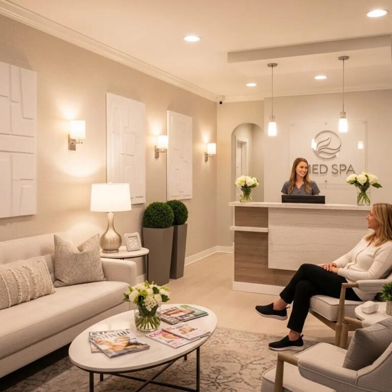 Welcoming med spa reception area with staff assisting a patient, highlighting financing options for aesthetic treatments