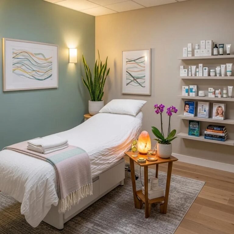 Welcoming med spa treatment room with calming decor and wellness products