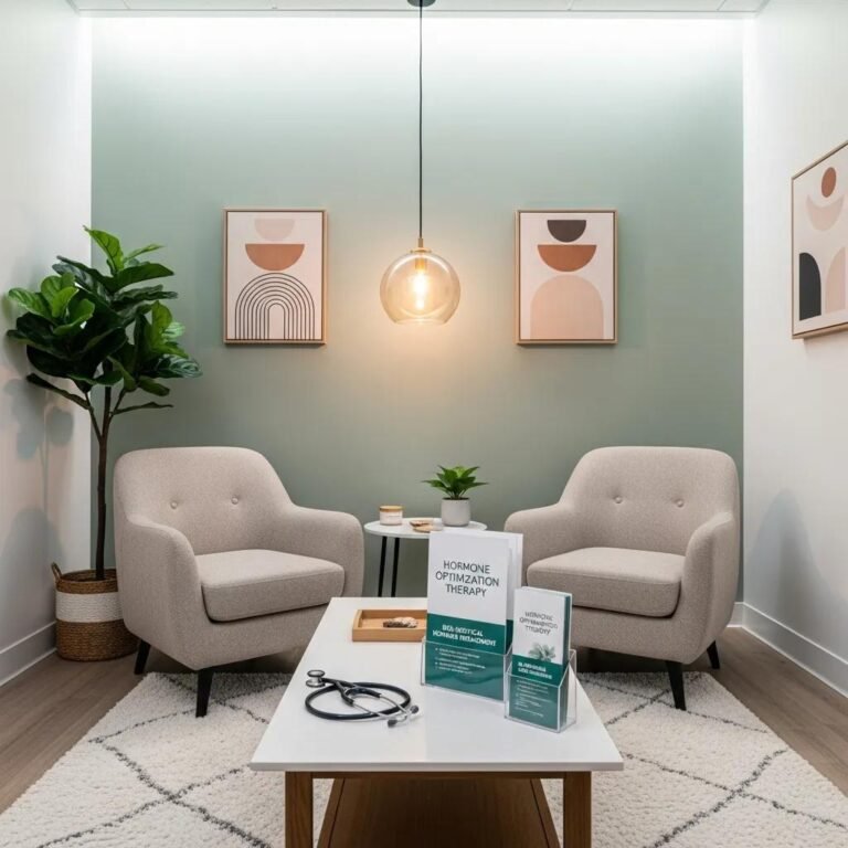 Welcoming medical spa consultation room emphasizing hormone optimization therapy