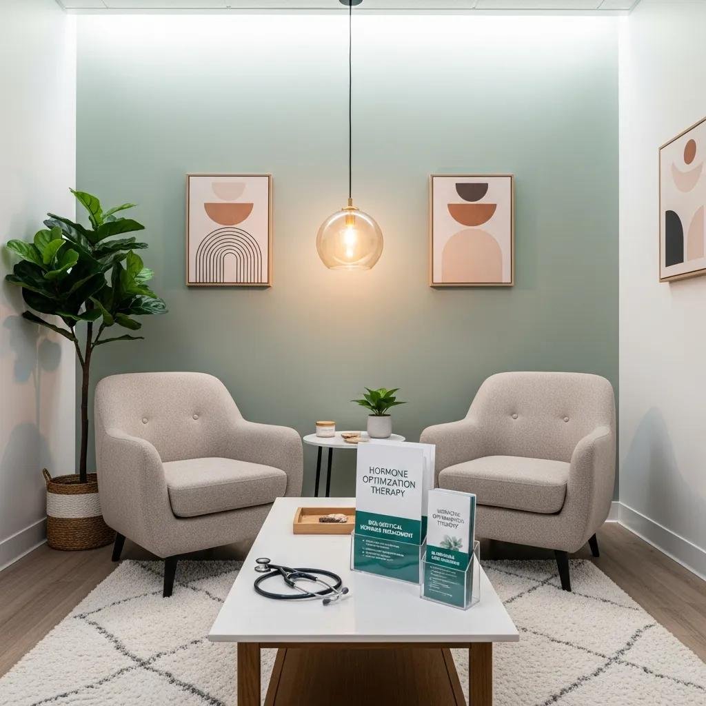 Welcoming medical spa consultation room emphasizing hormone optimization therapy
