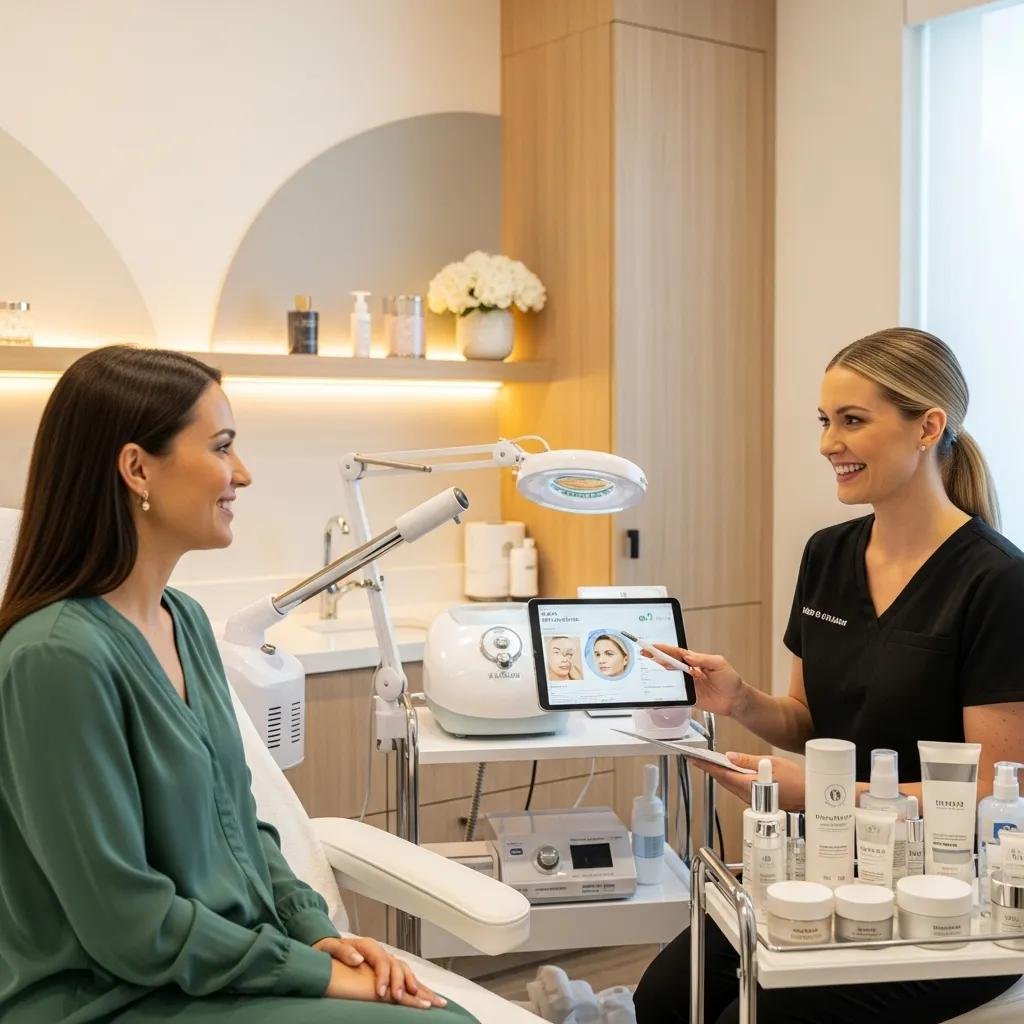 Welcoming medspa environment with a patient consultation, highlighting aesthetic treatments