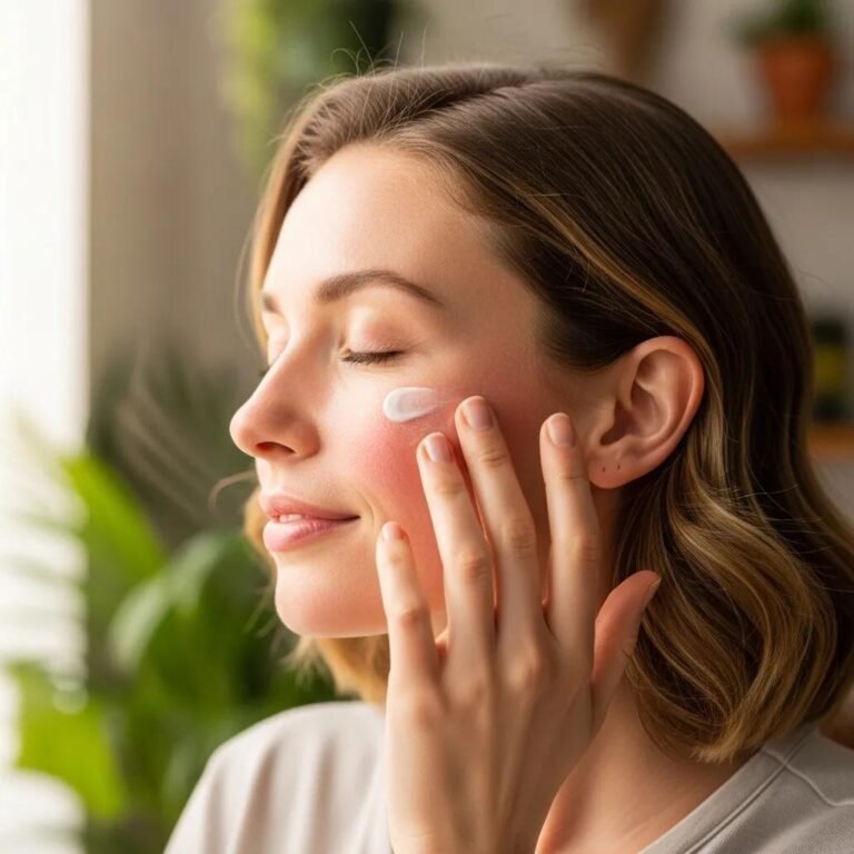 Woman applying skincare for rosacea management in a calming environment