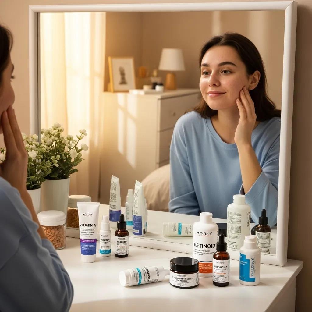Young adult examining clear skin in a mirror, surrounded by acne treatment products, reflecting confidence